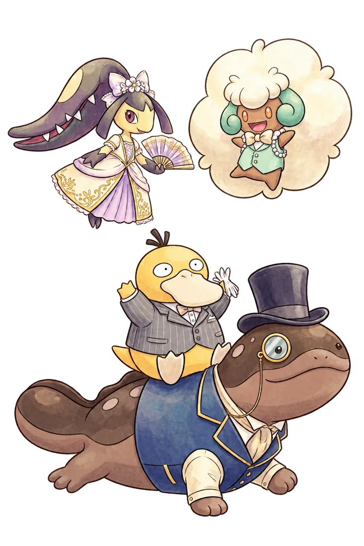 Mawile, Whimsicott, Psyduck e Clodsire vestiti eleganti per la cerimonia