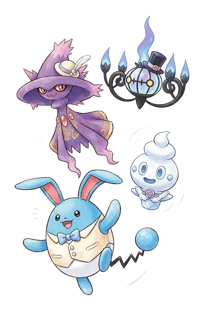 Mismagius, Chandelure, Azumarill e Vanillite vestiti eleganti per la cerimonia