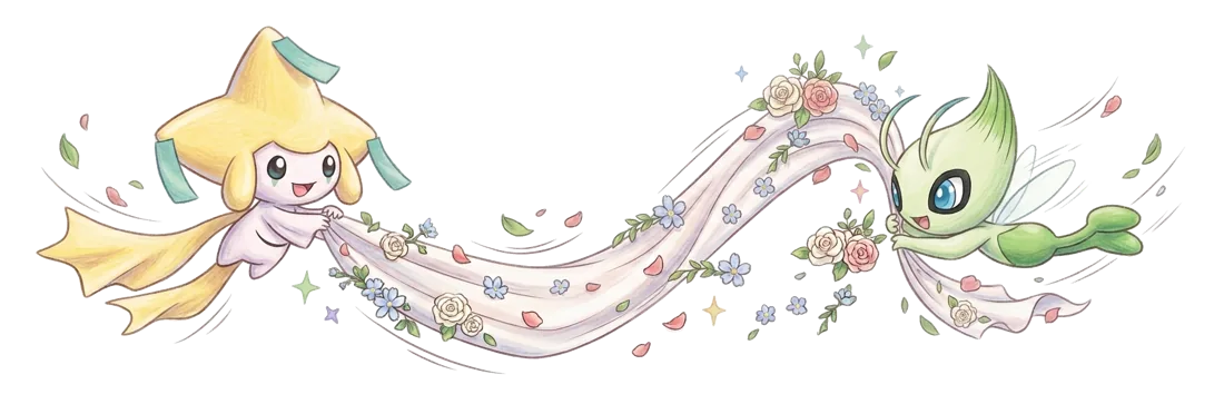 Striscione di nozze bianco con petali e fiori, sorretto da Pokémon