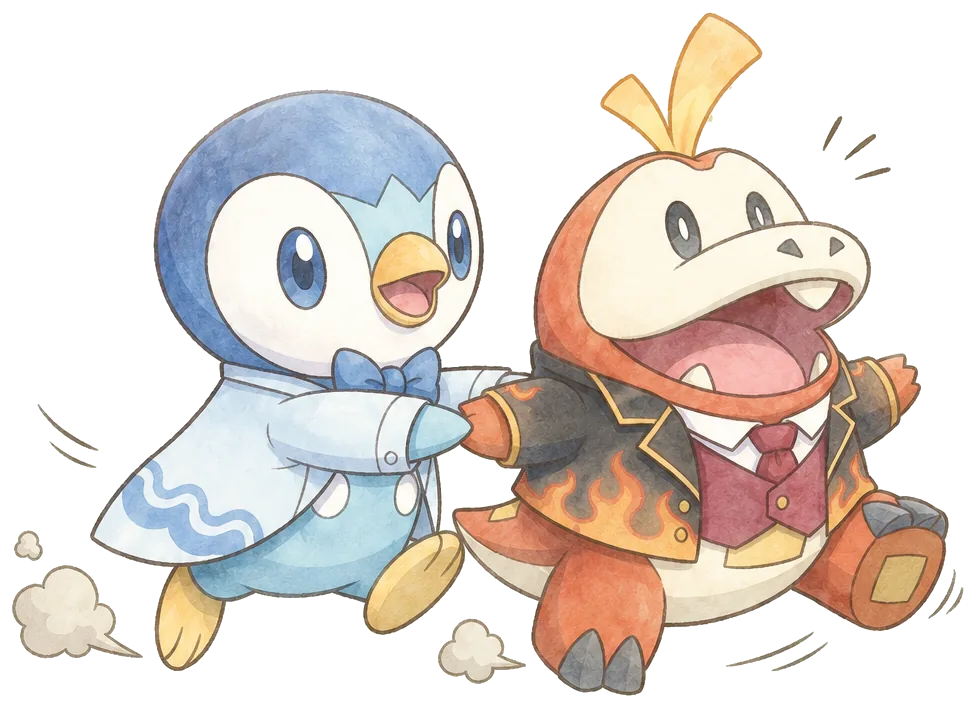 Piplup che trascina Fuecoco, di corsa