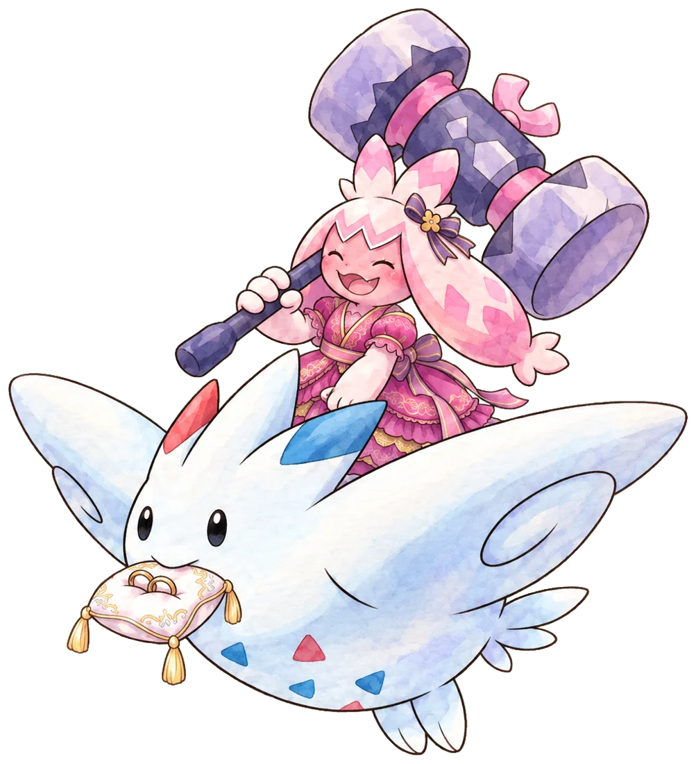 Tinkaton celebrante col martello in groppa a Togekiss, che porta le fedi